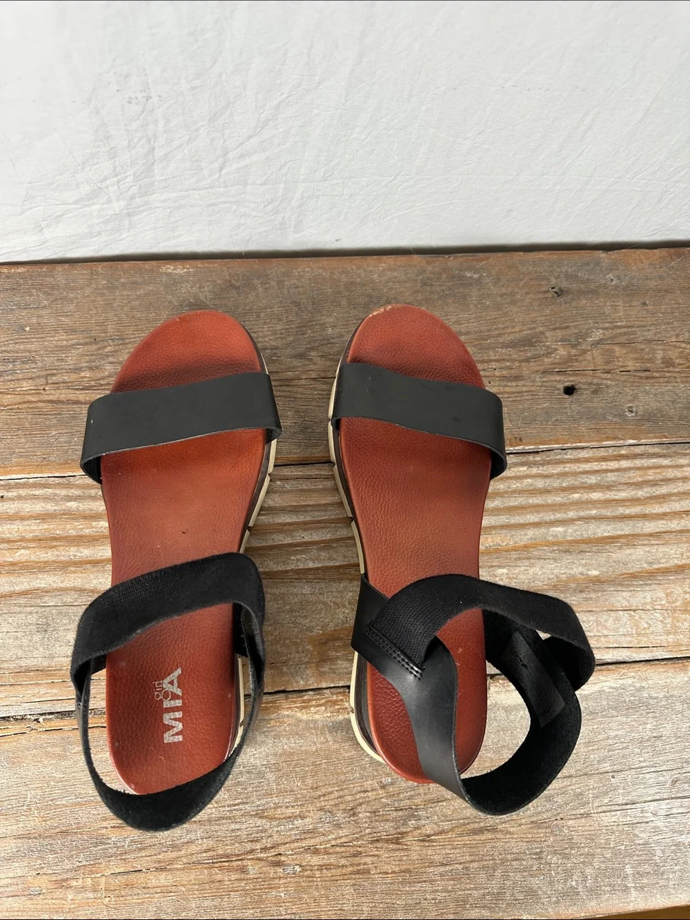 MIA Black Leather Strap Wedge Sandals with Brown Footbed - Picture 5 of 6